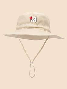 1 pieza Sombrero de sol para niños con patrón de corazón y letra, con cordón ajustable a prueba de viento, estilo casual tipo cubo para uso diario al aire libre, playa, protección solar - Beis - Ver 15