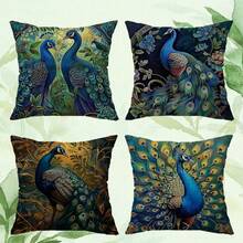 4件套复古桃皮印花靠垫套-油画孔雀，45*45cm（不含内垫）
