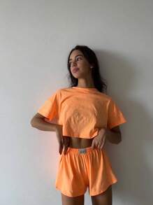 2pcs/Set Women's Soft & Comfortable Casual Sports Beach Loose Crew Neck Short Sleeve Top And Shorts Set, Loungewear And Outerwear