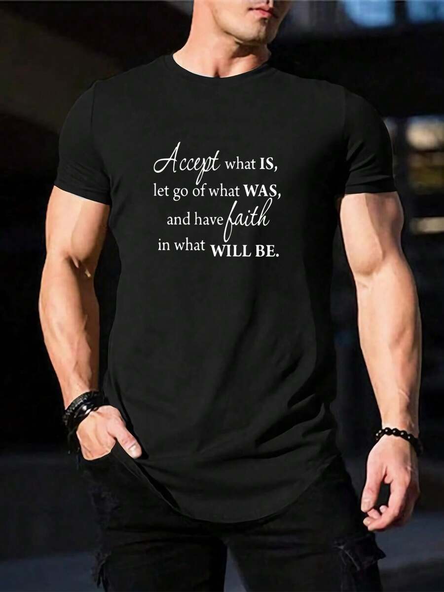 Camiseta Inspiradora 'Aceptar lo que ES' - Camiseta de fe y desapego - Camiseta gráfica con frases motivadoras para hombres y mujeres - Algodón negro, manga corta - Negro - Ver 1