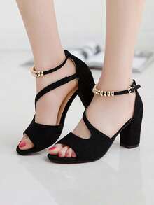 Sandalias de mujer de tacón cuadrado con punta abierta, negras, versión coreana, con botones y tiras, tacón medio para moda casual - Negro - Ver 1