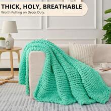 Chunky Knit Blanket - Soft Chenille Yarn Throws 40x50: Handmade Thick Cable Crochet Blanket - Large Chunky Yarn Rope Knot Throw For Couch, Sofa, Bed Home Decor - 水藍色 - 查看 5