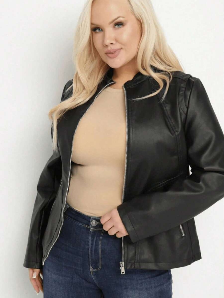 Women's Jacket Solid Color Casual Elegant Zipper Pocket - Black - View 1