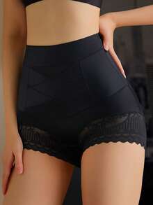 高腰收腹无缝蕾丝拼接女士三角内裤，纯色性感不卷边塑形三角裤 - 黑色 - 查看 3