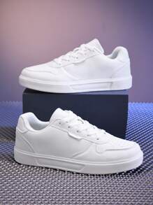 Unisex White Lace-Up Casual Sneakers, Minimalist Patchwork Design Skateboard Shoes, Versatile For Daily, Sports, Campus & Street Wear, Couple Style