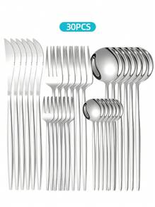 Elegant Stainless Steel Tableware Set, 5/20/30pcs - Western Cutlery Set Includes Dining Knives, Table Forks, Dining Spoons, Teaspoons, Dessert Forks, Forks For Salad/Appetizers/Dessert, And Mini Spoons For Coffee/Tea/Dessert/Cake/Stirring/Fruit/Ice Cream, Perfect For Restaurant, Hotel, Wedding, Festival Gifts, Kitchen, Christmas Gift - Dishwasher Friendly, Kitchen Supplies,School Supplies