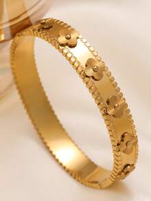 4-Leaf Clover Zirconia Stainless Steel Bracelet & Bangle Set For Women, Fashionable Luxury Accessory For Daily, Party, Couple Date, Gift (No Gift Box Included) - Yellow Gold - View 14