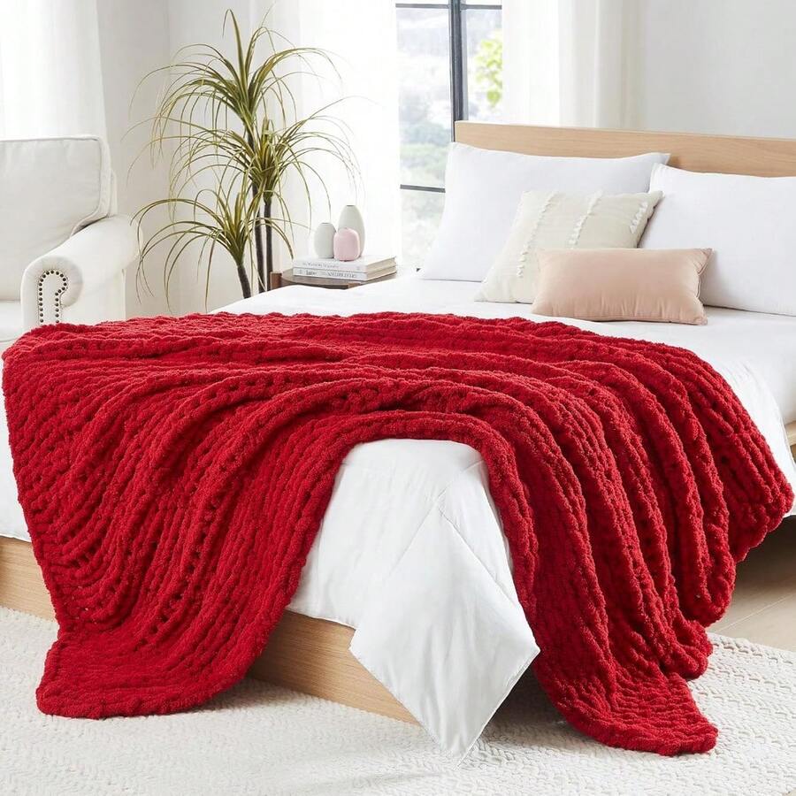 Chunky Knit Blanket - Soft Chenille Yarn Throws 40x50: Handmade Thick Cable Crochet Blanket - Large Chunky Yarn Rope Knot Throw For Couch, Sofa, Bed Home Decor - 紅色 - 查看 1