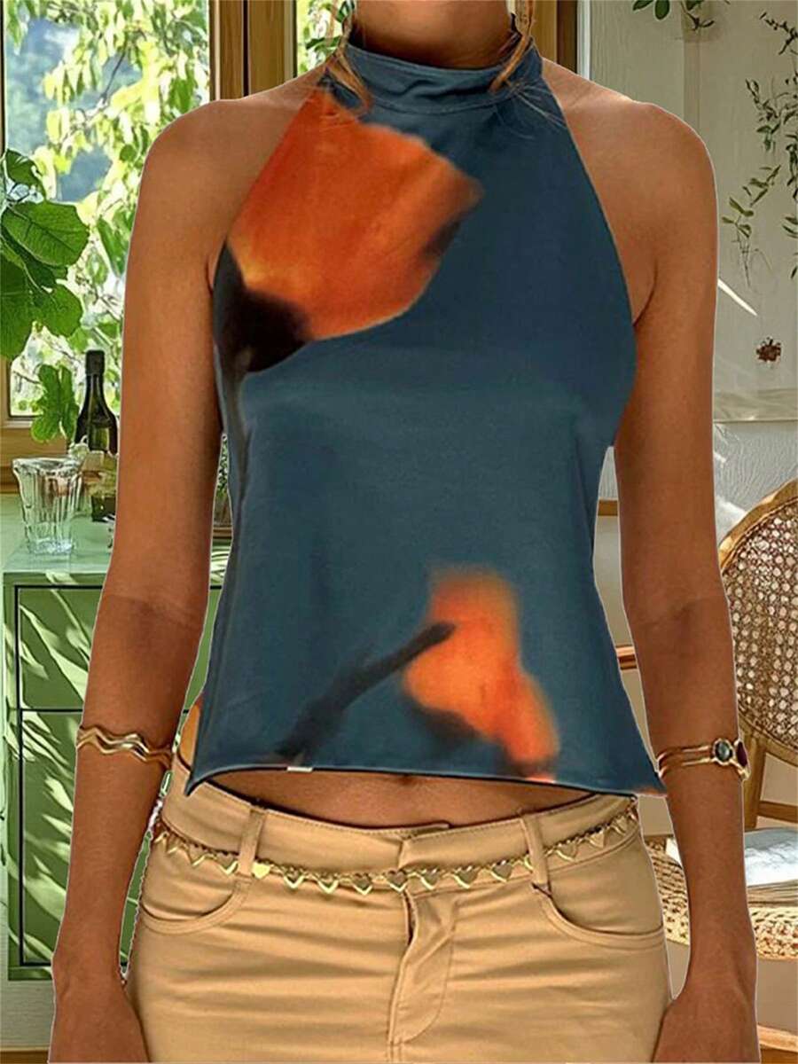 Women Halter Top, Sleeveless Tops Backless Dots/Flower Print Summer Vest For Club Party - Navy Blue - View 1
