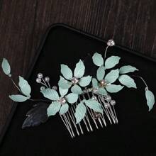 Peine para el cabello con hoja de cristal para novia, adorno para el cabello hecho a mano con inserto verde lateral, accesorio para el peinado decorado con perlas para vestido