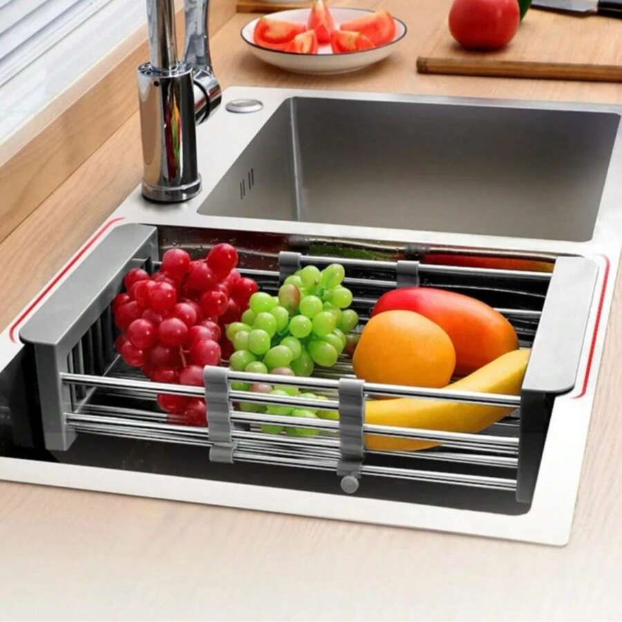 Stainless Steel Multifunctional Retractable Sink Dishwasher Basket Drainer Food Utensils Resistant Kitchen Home - Grey - View 1