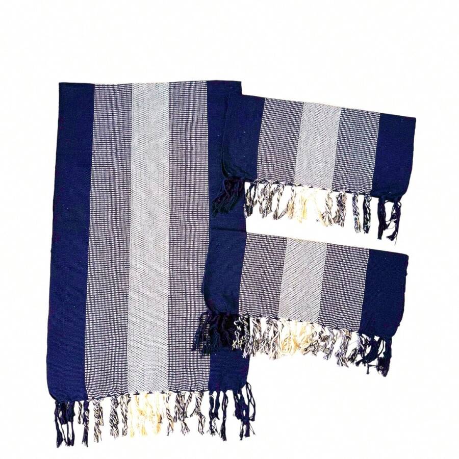 3 Piece Loom Runner Set 100% Cotton Promotion - Blue and White - View 1