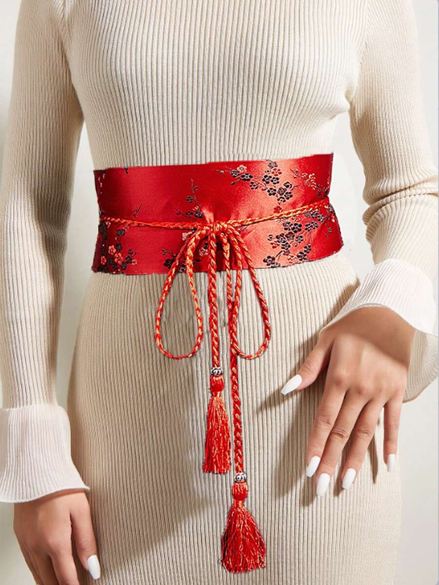 1 st. elegant broderat rött skärpbälte i kinesisk stil för kvinnor, dekorativt midjeband som passar till stickad klänning, avslappnad vintage- och palatsstil för fest, sött och sexigt gatubälte, elegant tygbälte för vår, höst, sommar, skola, höst, halloween - Röd - Visa 1