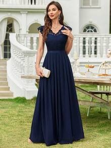 Elegant Lace Bodice V-Neck Scallop Sleeve Contrast Chiffon Pleated Hem Formal Evening Party Long Dress, Homecoming Dress, Wedding Guest Dress, Bridesmaid Dress, For Birthday, Graduation, Formal Events