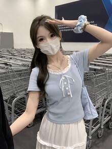 新款修身撞色二合一甜美短袖T恤 - 藍色 - 查看 2