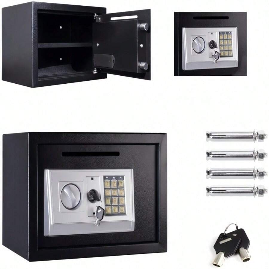 Vandise Caja fuerte digital de acero, seguridad electrónica para oficina, hogar, dinero en efectivo, caja fuerte digital grande, 2 compartimentos con 2 llaves de anulación, teclado numérico y 4 pernos de instalación, 16 L (35 x 25 x 25 cm) - Negro - Ver 1