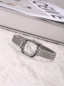 1 件女士复古方形表盘简约优雅不锈钢表带石英手表，适合日常佩戴 - 銀色 - 查看 4