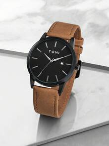 TOMI 三眼计时石英男式手表，带袖扣和领带夹，锌合金皮革表带，简约设计，礼盒包装，适合日常生活、商务、节日、父亲节 - 棕色 - 查看 3