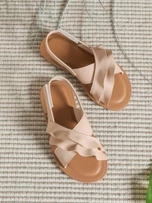 女童平底凉鞋，适合夏季日常沙滩穿着 - 杏色 - 查看 3