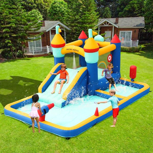 TABU Inflatable Bounce House With Air Blower, Jumping Castle With Water Slide, Commercial Grade Family Backyard Bouncy Castle With Splash Pool,Wide Jumping Space,Blue