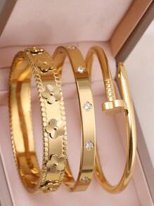 3 قطع / 1 قطعة سوار مطلي بالذهب الأصفر عيار 18 قيراط من الفولاذ المقاوم للصدأ على شكل رباعي ورقة البرسيم، مناسب للحفلات والاستخدام اليومي للنساء، بأسلوب أوروبي وأمريكي، مميز وفاخر، مرصع بالزركونيا المكعبة، مجموعة مجوهرات للزفاف، هدية للبنات والنساء والأقارب والأصدقاء، لمناسبات الزفاف والأعياد والعيد الحب