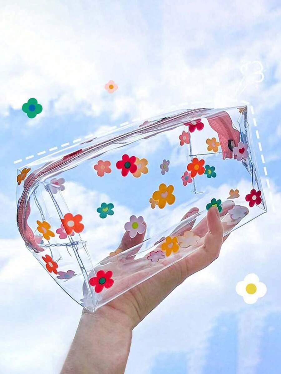 1pc Flower Transparent Waterproof Cosmetic Bag,Fashion Cute Waterproof Storage Pouch For Accessories,Jewelry,Toiletries,Valentine's Day Gift,Sleek Chic Transparent PVC Makeup Bag With Large Capacity - Portable Travel Cosmetic Organizer With Zipper, Colorful Floral Design Valentines