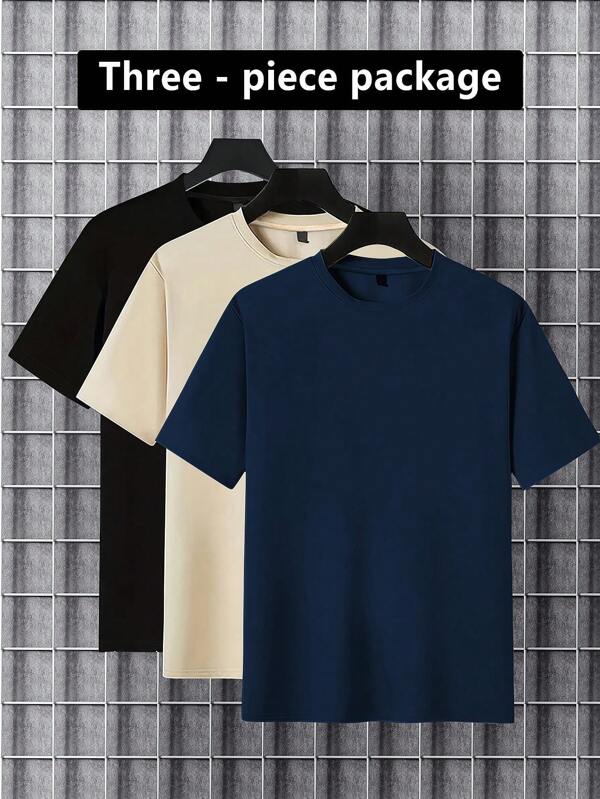 3pcs/Pack Men's Solid Color Casual Sports Round Neck Short Sleeve T-Shirts
