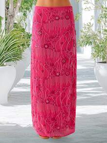 Women Summer Skirt Casual Elegant Sequin Floral Embroidery Long Skirt For Beach Vacation Club Streetwear - 玫紅色 - 查看 4