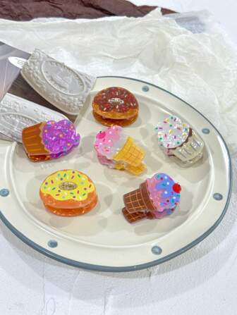 6 件下午茶套装亚克力冰淇淋、甜甜圈、蛋糕发夹，办公室/通勤发夹，适合作为生日/节日礼物发夹爪夹发夹发夹发夹发夹秋冬发饰女士度假装女士