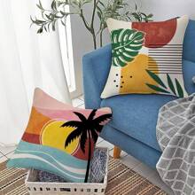 4 pièces Taie d'oreiller de décoration abstraite bohème Fakhrodom Sunset, taie d'oreiller de plante tropicale géométrique bohème pour balcon et terrasse, décoration moderne esthétique de plante de canapé Pas d'oreiller inclus
