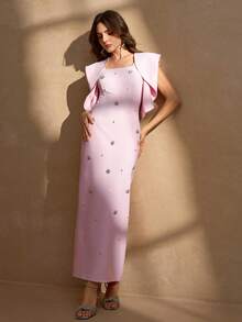 Đầm dạ hội dài vừa vặn cổ vuông màu trơn thanh lịch đính hạt cho nữ có bo tay bất đối xứng, Đầm dự tiệc, Váy dạ hội, Cho buổi tối, Khách dự tiệc cưới - Màu Hồng baby - Xem 7