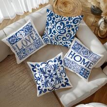 4PCS Blue And White Porcelain Floral "LOVE" "HOME" Letter Pattern Pillow Covers [Without Pillow Inserts], 17.7*17.7in(45*45cm), [Single-Sided Printing], Polyester Decor Pillow Cases, Home Decor, Bedroom Decor, Room Decoration For Sofa, Bed, Living Room, Bedroom, Car, Office, Hotel, Perfect Gift For Family And Friends, All Seasons