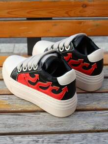 Chunky Heel Platform Mixed Color Unisex Shoes, All Match Fashion Increase Runway Sport Casual Trainers, Red Fire Sewing Outdoor Sneakers, Tennis Female Skateboard Shoes - 紅色 - 查看 6