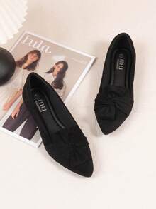 Women's Velvet Bow Detail Flat Shoes - Comfortable Slip-On Ballet Flats, Casual Elegant Loafers For Daily Wear - 黑色 - 查看 2