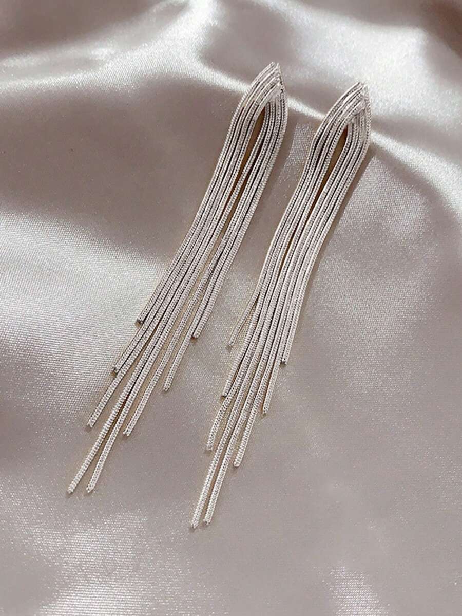 1 par de pendientes largos con cadena de metal y borlas de diseño geométrico, 2 diseños surtidos - Plateado - Ver 1