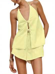Women's Halter Neck Cami Tops Loose Solid Color Low Cut Open Back Tie-Up Shirt For Party Club
