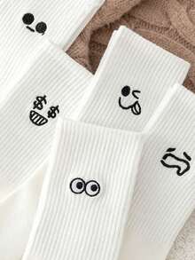 5pcsWhite Couple Cartoon Expression Design Simple & Breathable Children's Mid-Calf Socks - White - View 3