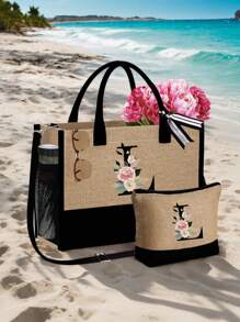 1 set, Bolso de mano tipo tote con estampado de flores con inicial A y correas para el hombro & Set de bolsas de maquillaje con iniciales de la A a la Z, bolso de regalo personalizado con bolsillos laterales, bolso de playa con pañuelo, bolsos de almacenamiento portátiles y de ocio, bolsas de compras multifuncionales, bolsa de almacenamiento simple para viajes