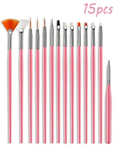 Bộ 15 cọ vẽ móng nghệ thuật, 15 cọ/gói gồm cọ quạt và cọ kẻ viền móng, bộ cọ vẽ móng màu hồng dành cho salon chuyên nghiệp và tự làm tại nhà, bộ dụng cụ thiết kế móng.