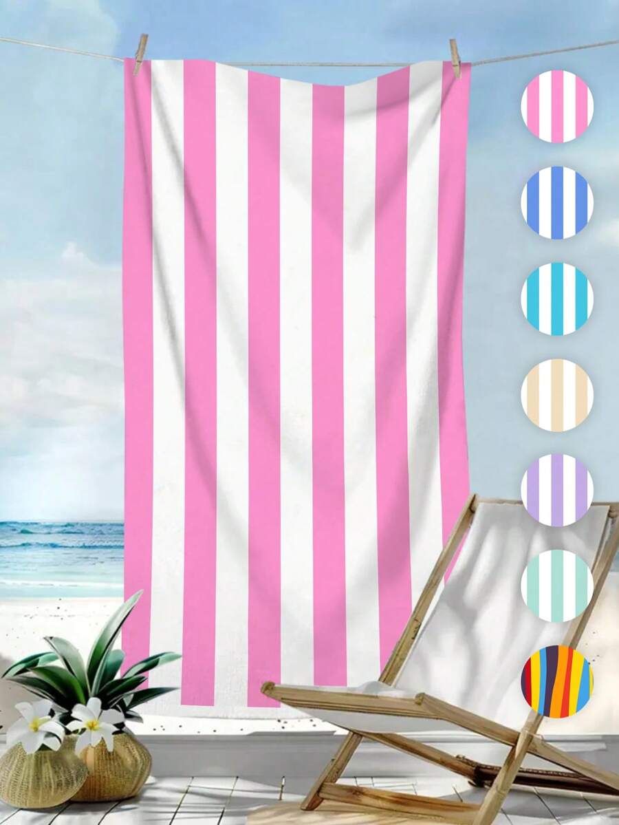 1pc Simple Striped Beach Towel, Extra Large Microfiber Quick Dry Water Absorbent Beach Towel, Anti-Sand Beach Blanket, Suitable For Travel, Swimming Pool, Yoga, Gym, Beach, Holiday Essentials (Single-Sided Printed), Beach Accessories, Pool Float