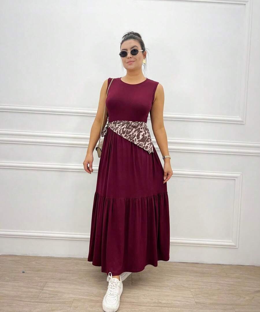 LONG DRESS IN VISCOLYCRA MESH 100% COTTON, ROUND NECK TANK TOP, TRES MARIAS, RUFFLE, BLOGGER FASHION - Burgundy - View 1