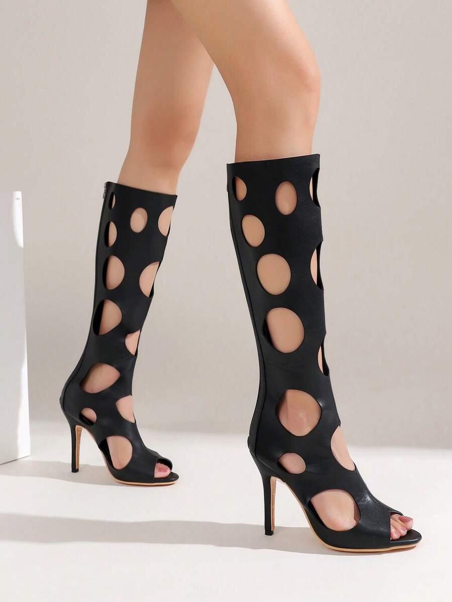 Botas altas de tacón alto con puntera abierta y recortes circulares para mujeres con estilo, de vanguardia, sexy para fiestas y clubes, sandalias llamativas