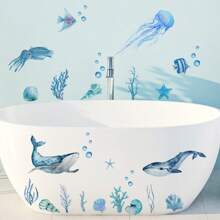 Decoração Simples de Outono Adesivo de Banheira com Animais do Oceano Azul, Adesivo de Parede para Decoração de Banheiro com Golfinho Azul do Mar e Água-Viva, Decalque Autoadesivo de Banheira, Adesivo de Decoração de Parede de Bottom de Banheira, Adesivo de Decoração de Banheiro Doméstico Volta às Aulas