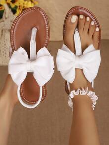 1 Pair Women's Plain Color Fashionable Bohemian Fabric Bow Slip-On Sandals, Suitable For Beach, Outdoors, And Home Wear, Summer - White - View 2