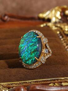 1 peça anel aberto ajustável retrô vintage de cobre falso banhado a ouro 18k em formato oval com opala falsa e esmeralda, 3 cores disponíveis