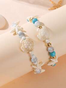 1pc Sea Turtle & Starfish Beaded Bracelet, Suitable For Summer Beach Holiday Outfits - Turtle and Starfish Bracelet - View 5