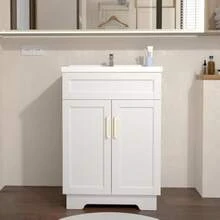 Bathroom Vanity With Ceramic Sink Combo 24-Inch, Modern Wooden Bathroom Vanities Cabinet With 2 Doors For Small Spaces White Makeup Organizer Back To School - 1 - View 1