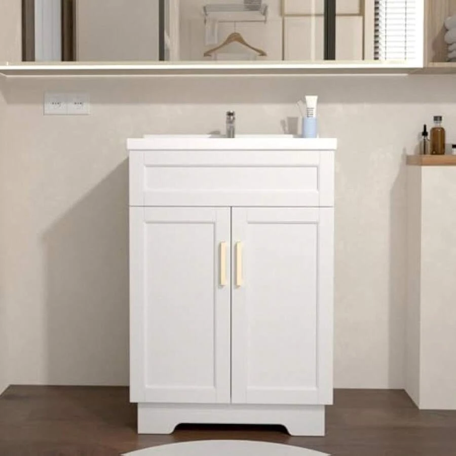Bathroom Vanity With Ceramic Sink Combo 24-Inch, Modern Wooden Bathroom Vanities Cabinet With 2 Doors For Small Spaces White Makeup Organizer Back To School - 1 - View 1