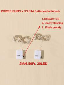 10入 2M 20LED 銅線仙女串燈，暖白色與彩色雙色，3種燈光模式（常亮、慢閃、快閃），附3顆LR44電池，適用花束禮盒包裝、室內居家派對節日裝飾 - 銀色 - 查看 12