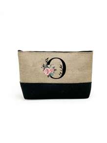 1 set, Bolso de mano tipo tote con estampado de flores con inicial A y correas para el hombro & Set de bolsas de maquillaje con iniciales de la A a la Z, bolso de regalo personalizado con bolsillos laterales, bolso de playa con pañuelo, bolsos de almacenamiento portátiles y de ocio, bolsas de compras multifuncionales, bolsa de almacenamiento simple para viajes